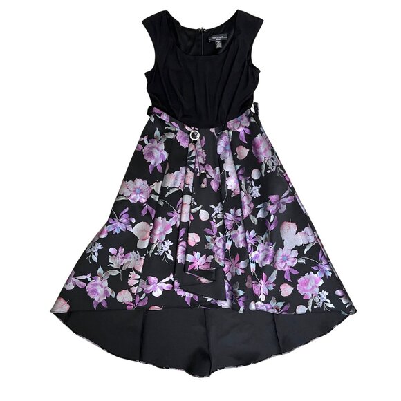 R&M Richards Petite 4 Black Purple Floral Fit & Flare Belted Holiday Party Dress - Picture 9 of 12